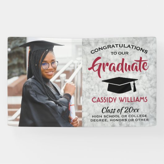 おめでとう1フォトマーブルレッドホワイトブラック卒業 横断幕 (横)