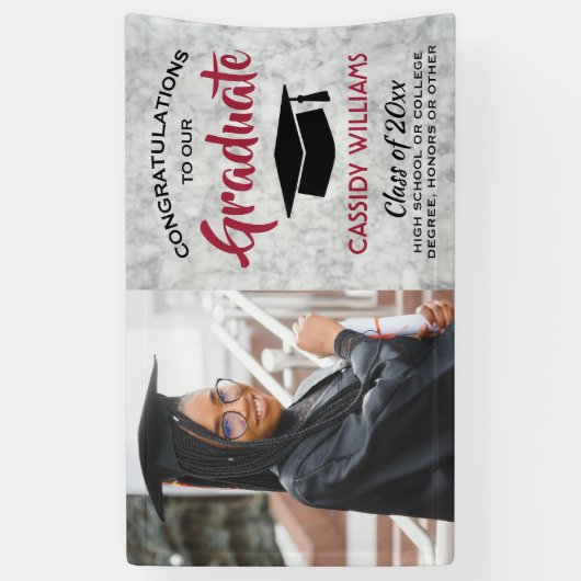 おめでとう1フォトマーブルレッドホワイトブラック卒業 横断幕 (縦)