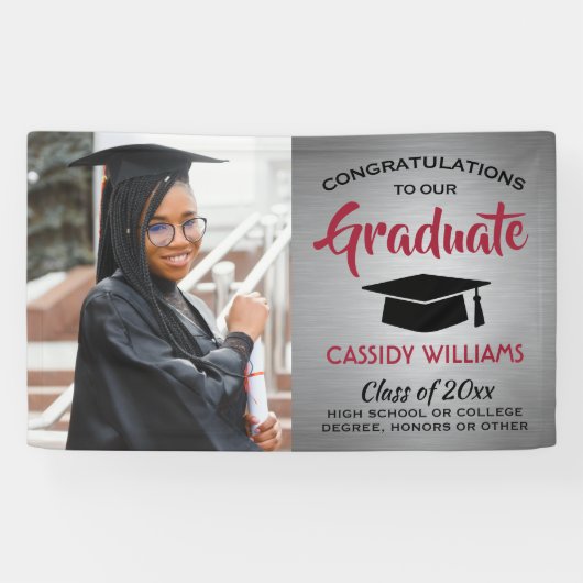 おめでとう1フォトレッドグレーブラックモダン卒業 横断幕 (横)