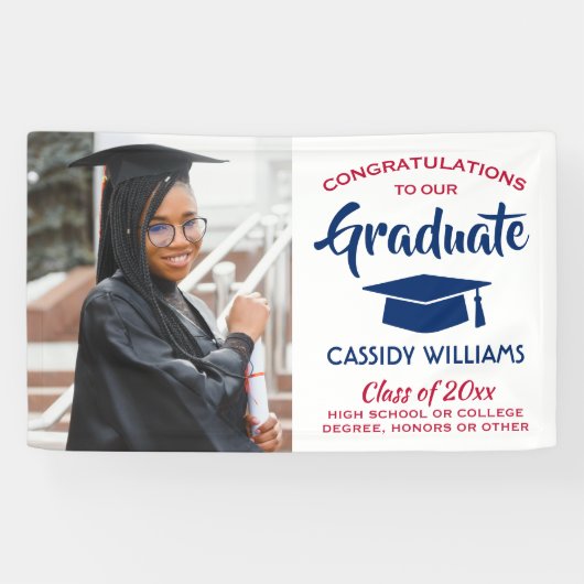 おめでとう1フォトレッドホワイトとブルーグラデーション 横断幕 (横)