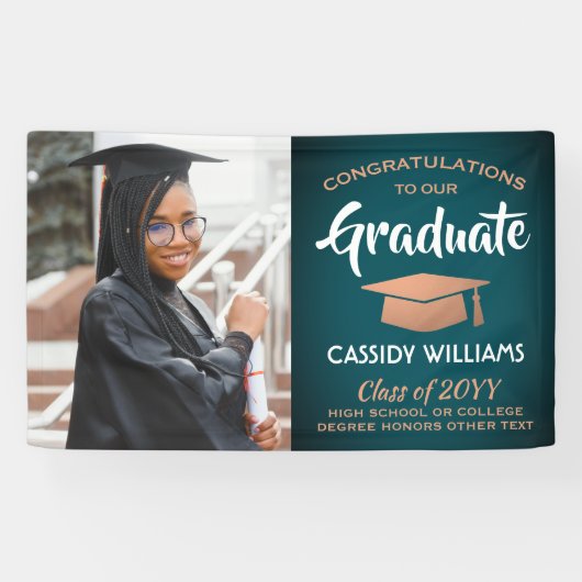 おめでとう1写真ティール（緑がかった色）とフェイク銅卒業 横断幕 (横)