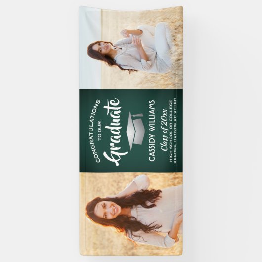 おめでとう2フォトグリーンホワイトとシルバー卒業 横断幕 (縦)