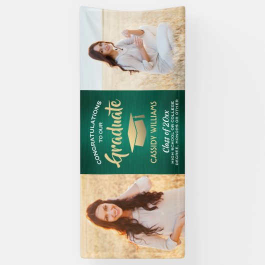 おめでとう2フォトグリーン金ゴールドと白卒業 横断幕 (縦)