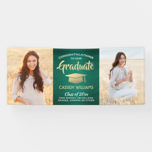 おめでとう2フォトグリーン金ゴールドと白卒業 横断幕 (横)