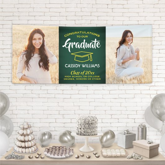 おめでとう2フォトグリーン金ゴールド黄色の卒業 横断幕