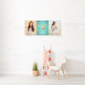 おめでとう2フォトティール(緑がかった色)ブルー金ゴールドブラシ卒業 横断幕 (インサイチュ)