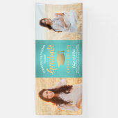 おめでとう2フォトティール(緑がかった色)ブルー金ゴールドブラシ卒業 横断幕 (縦)