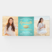 おめでとう2フォトティール(緑がかった色)ブルー金ゴールドブラシ卒業 横断幕 (横)