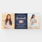 おめでとう2フォトネイビー&ピンクローズ金ゴールド卒業 横断幕 (横)