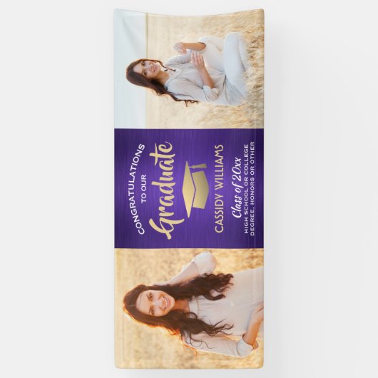 おめでとう2フォトパープル金ゴールドとホワイト卒業 横断幕 (縦)