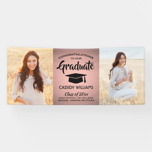 おめでとう2フォトピンクとブラックのトレンディー卒業 横断幕 (横)
