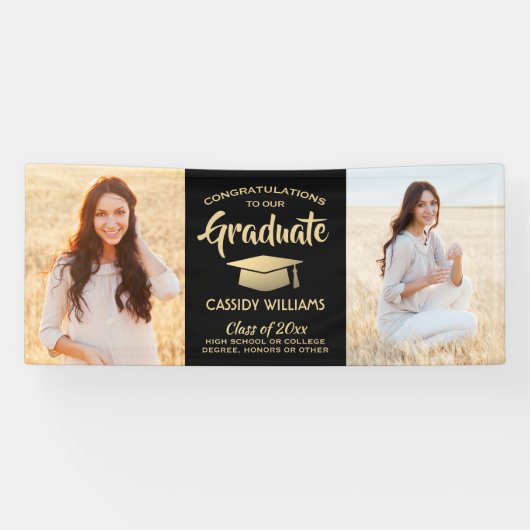 おめでとう2フォトブラックと金ゴールドモダン卒業 横断幕 (横)