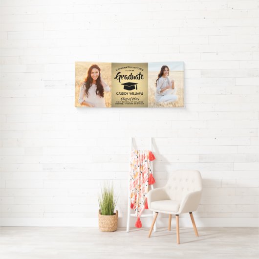 おめでとう2フォトブラック&金ゴールドフォイルフェイクの卒業 横断幕 (インサイチュ)