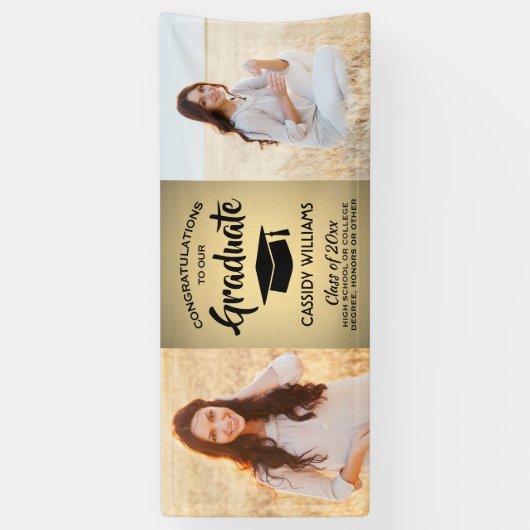 おめでとう2フォトブラック&金ゴールドフォイルフェイクの卒業 横断幕 (縦)