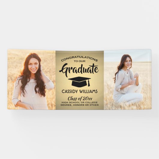 おめでとう2フォトブラック&金ゴールドフォイルフェイクの卒業 横断幕 (横)
