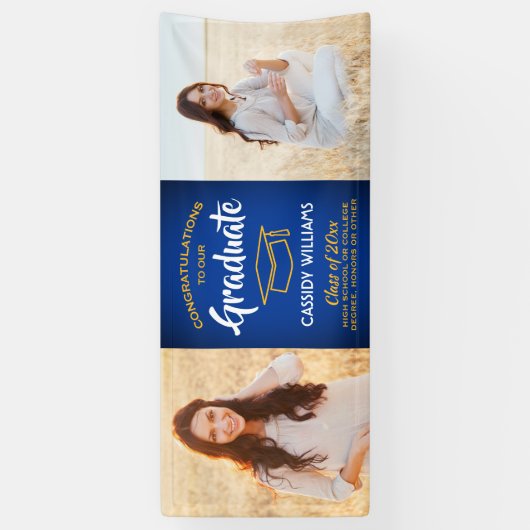 おめでとう2フォトブルー王室の金ゴールド黄色の卒業 横断幕 (縦)