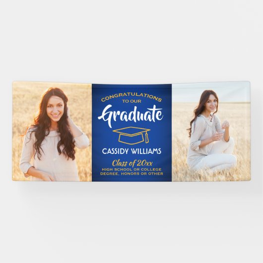 おめでとう2フォトブルー王室の金ゴールド黄色の卒業 横断幕 (横)