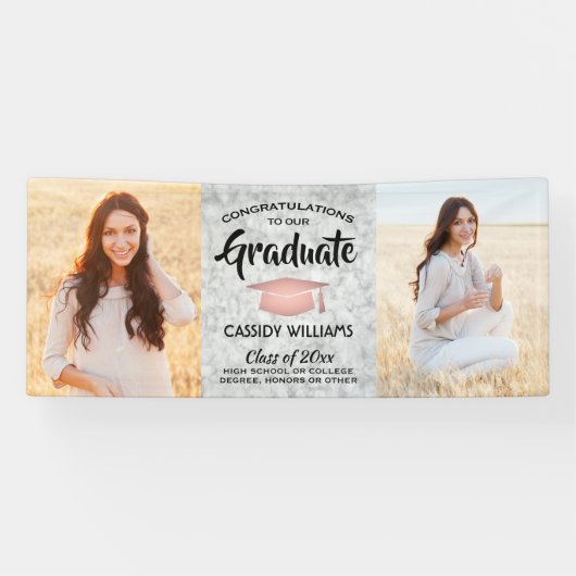 おめでとう2フォトマーブルピンクローズ金ゴールド卒業 横断幕 (横)