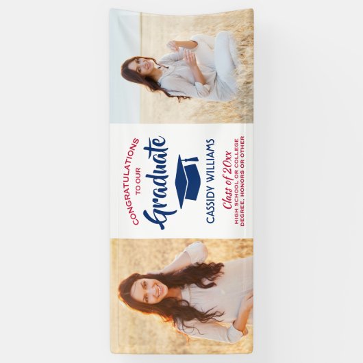 おめでとう2フォトレッドホワイトとブルーグラデーション 横断幕 (縦)