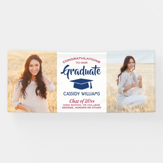 おめでとう2フォトレッドホワイトとブルーグラデーション 横断幕 (横)