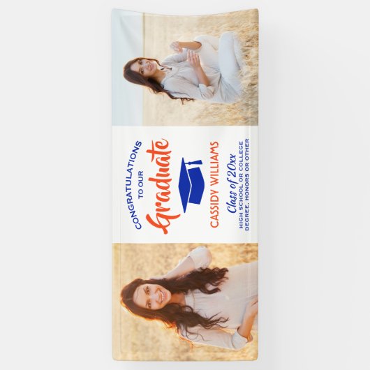 おめでとう2モダンフォトオレンジとブルー卒業 横断幕 (縦)