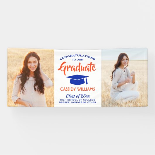 おめでとう2モダンフォトオレンジとブルー卒業 横断幕 (横)