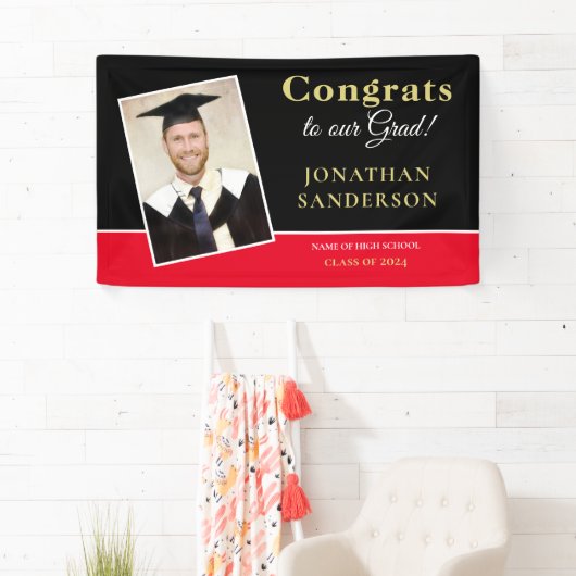おめでとう2025 Grad Nameフォト金ゴールドブラック赤 横断幕 (インサイチュ)