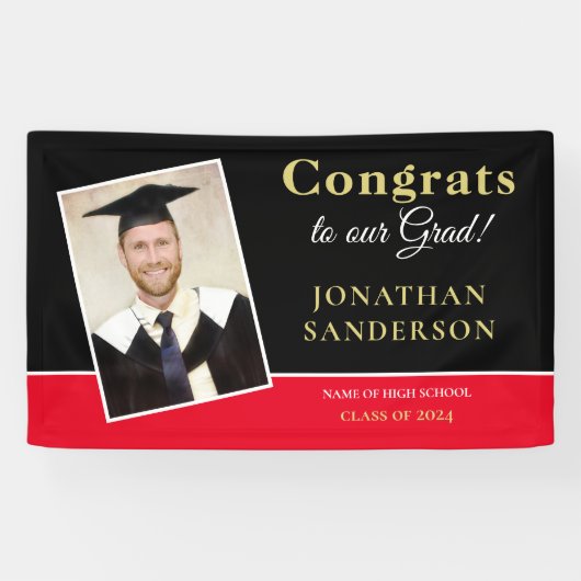 おめでとう2025 Grad Nameフォト金ゴールドブラック赤 横断幕 (横)