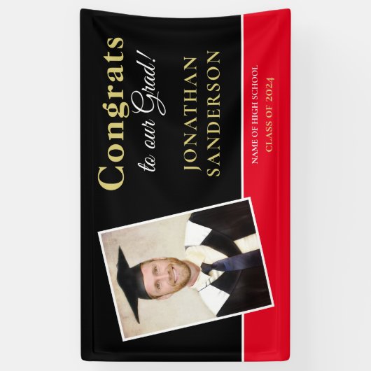 おめでとう2025 Grad Nameフォト金ゴールドブラック赤 横断幕 (縦)