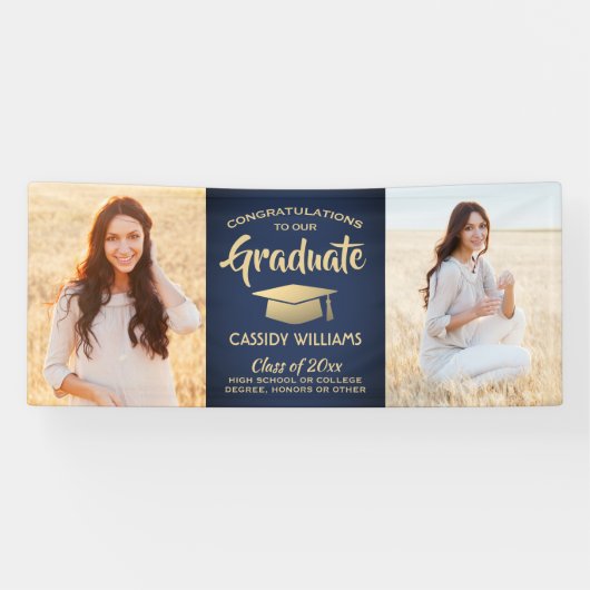おめでとう2 Photo Navy Blue金ゴールド卒業モダン 横断幕 (横)