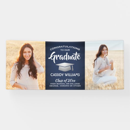 おめでとう2 Photo Navy Blue White Silver卒業 横断幕 (横)