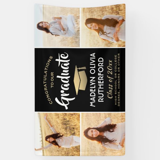 おめでとう4フォトブラック金ゴールドとホワイト卒業 横断幕 (縦)