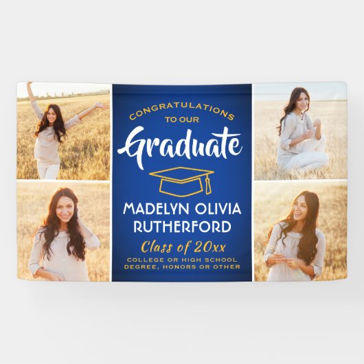 おめでとう4フォトブルー王室の金ゴールド黄色の卒業 横断幕 (横)