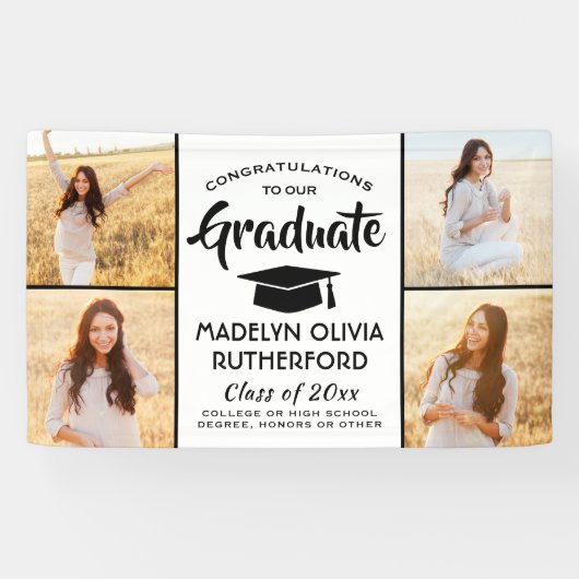 おめでとう4モダン写真白黒卒業 横断幕 (横)