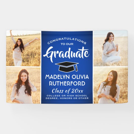 おめでとう4王室のフォトブルー&ホワイト卒業 横断幕 (横)