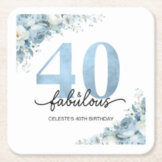 おめでとう40歳の華やかブルーフローラル 誕生日 スクエアペーパーコースター