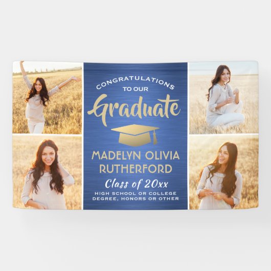 おめでとう4 Photo Blue金ゴールドと白卒業 横断幕 (横)