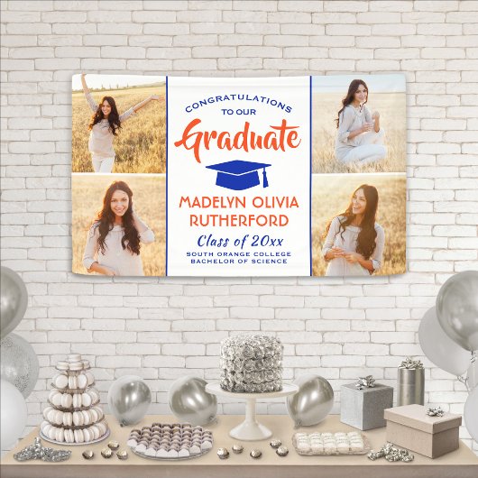 おめでとう4 Photo Orange Blue and White Graduation 横断幕