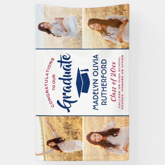 おめでとう4 Photo Red White and Blue卒業 横断幕 (縦)