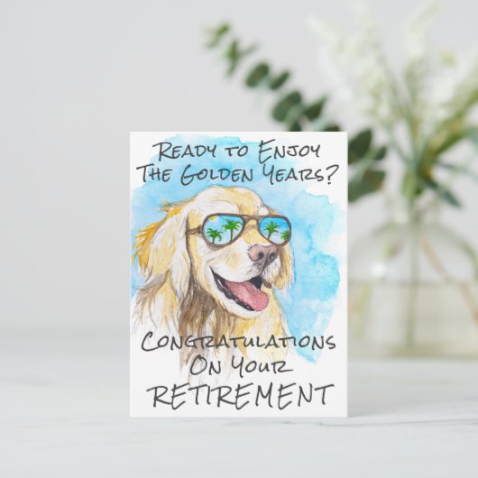 おめでとう！かわいい引退祝いカード　ゴールデンレトリバー ポストカード (スタンド正面)