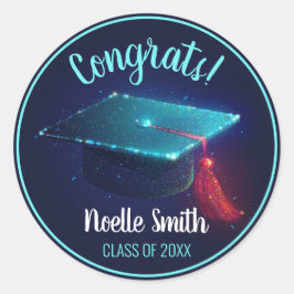 おめでとう!きらめくBlue Graduation Cap、クラス ラウンドシール