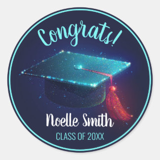 おめでとう!きらめくBlue Graduation Cap、クラス ラウンドシール