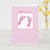 おめでとう，ようこそ新生児ガール，足跡 カード (黄色い花)