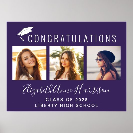 おめでとう フォト パープル 卒業パーティー ポスター (正面)