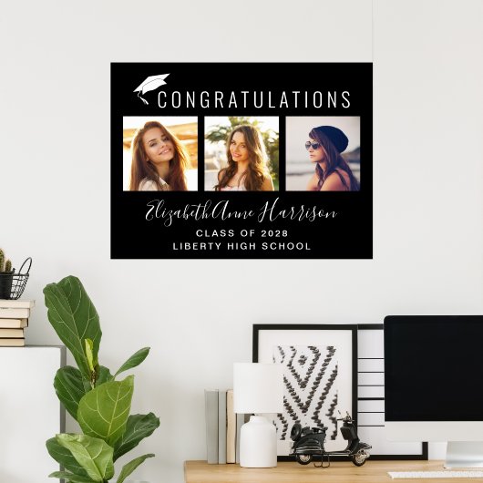 おめでとう フォト ブラック 卒業パーティー ポスター (ホームオフィス)