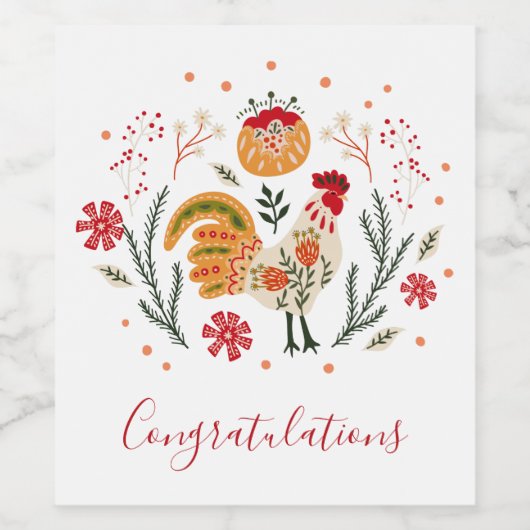 おめでとう フォークアートのニワトリ ワインラベル (シングルラベル)