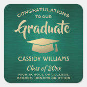おめでとう ブラシ仕上げのグリーンとゴールドの卒業 スクエアシール (正面)