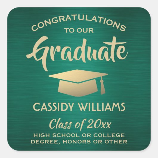 おめでとう ブラシ仕上げのグリーンとゴールドの卒業 スクエアシール (正面)