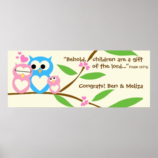 おめでとう，ベビーガールフクロウ赤ちゃんシャワーバナー ポスター (正面)