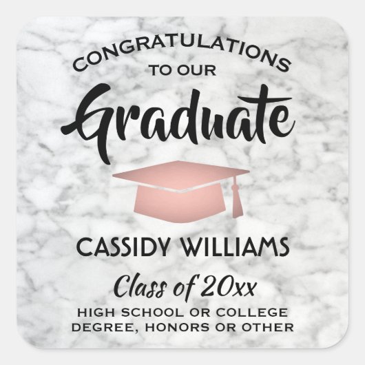 おめでとう マーブルとピンクのトレンディな卒業お祝い スクエアシール (正面)